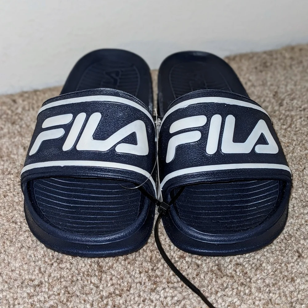 FILA Kids Child Black‎ White Logo Slides Flip Flops Sandals Size 13 NWT